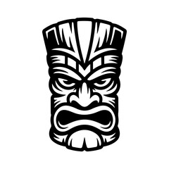 Tiki tribal wooden mask set and Tiki mug. Hawaiian traditional elements. Colored, wooden and black and white silhouette. Vector illustration