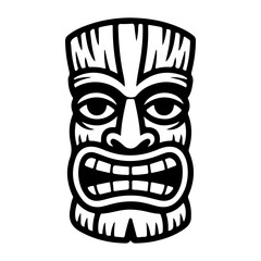 Tiki tribal wooden mask set and Tiki mug. Hawaiian traditional elements. Colored, wooden and black and white silhouette. Vector illustration