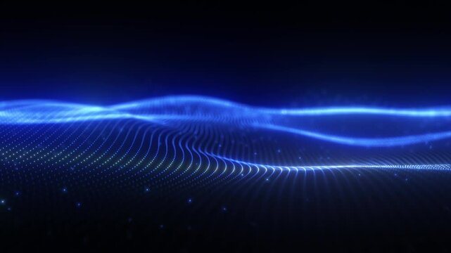 Abstract background of blue dots, wave pattern. Blue waves of dots, lines The pattern flows on the background of a black surface. 4k seamless looping animation
