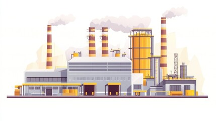 Obraz premium Stylized factory illustration with smoke rising from tall chimneys, neutral backdrop