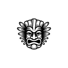 Tiki tribal wooden mask set and Tiki mug. Hawaiian traditional elements. Colored, wooden and black and white silhouette. Vector illustration