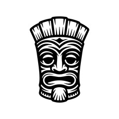 Tiki tribal wooden mask set and Tiki mug. Hawaiian traditional elements. Colored, wooden and black and white silhouette. Vector illustration