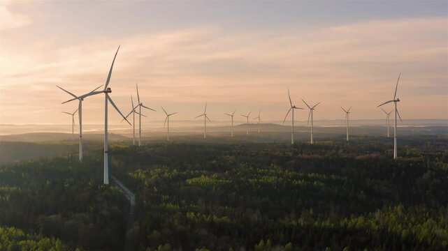 Wind turbines park inside a forest, drone aerial video at sunrise

