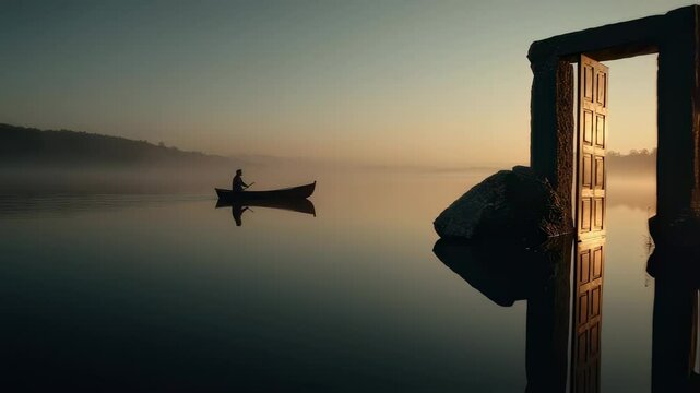 Surreal scene of a man rowing a small wooden boat on a misty lake at sunrise, approaching a mysterious stone doorway emerging from the water