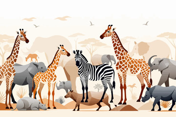 Obraz premium African Wildlife Illustration- Giraffes Zebras Rhinos and Elephants in the Safari- Wild Animals Clipart for Kids and Educational Resources- Graphic Design Elements