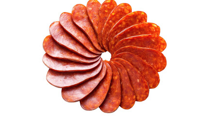 Thin slices of cured chorizo sausage arranged in a circular pattern isolated on transparent background 