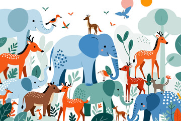 Cartoon Animals Illustration - Cute Elephants Deer and Birds in a Forest Setting - Whimsical Wildlife Art for Children's Decor
