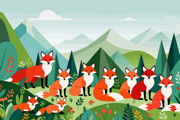 Cartoon Foxes in Forest Landscape Illustration- Cute Fox Family in Nature Scene- Whimsical Animal Art for Children- Explore this Charming Artwork Now