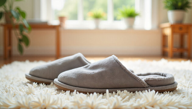 Worn grey slippers resting on soft rug in cozy living room setting  