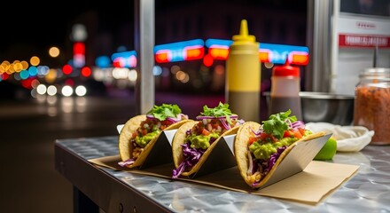 Gourmet tacos with colorful toppings served on a street food cart table at night with neon lights and urban background
