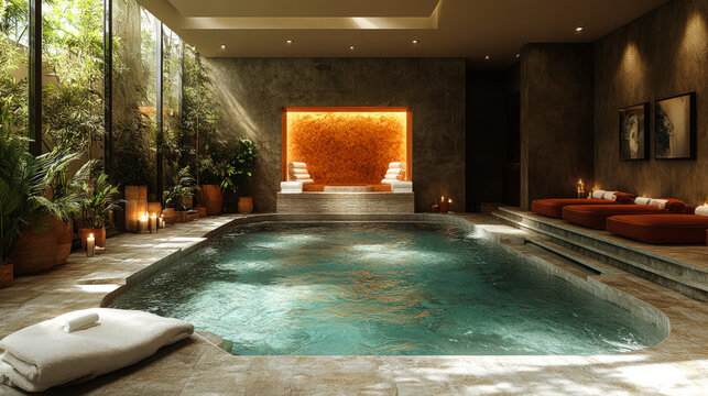 Luxurious indoor spa pool surrounded by soft lighting, elegant decor, and greenery, creating a peaceful and relaxing wellness atmosphere.
