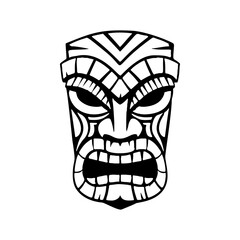 Tiki tribal wooden mask set and Tiki mug. Hawaiian traditional elements. Colored, wooden and black and white silhouette. Vector illustration