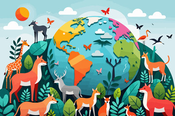 Colorful World Wildlife Illustration-Animals Plants & Butterflies around the Earth-Celebrating Biodiversity & Ecosystems-Nature Artwork