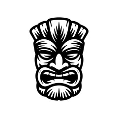 Tiki tribal wooden mask set and Tiki mug. Hawaiian traditional elements. Colored, wooden and black and white silhouette. Vector illustration