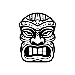 Tiki tribal wooden mask set and Tiki mug. Hawaiian traditional elements. Colored, wooden and black and white silhouette. Vector illustration