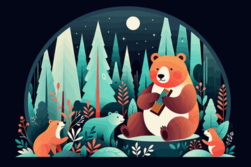 Naklejka premium Cute Bears in Forest at Night with Moon - Forest Animals Cartoon Illustration - Whimsical Bear Family Art for Kids- Childrens Illustration of Bears