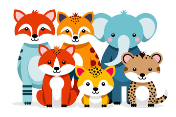 Obraz premium Cute Cartoon Animals - Fox Elephant and Leopard Friends - Colorful Wildlife Illustration for Kids - Fun Animal Graphics - Vector Animal Design