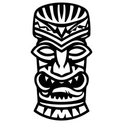 Tiki tribal wooden mask set and Tiki mug. Hawaiian traditional elements. Colored, wooden and black and white silhouette. Vector illustration
