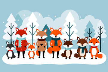 Naklejka premium Cute Cartoon Fox Family in Winter Landscape-Adorable Foxes with Scarves in Snowy Scene-Whimsical Winter Illustration-Festive Fox Design for Kids-Charming Animal Art