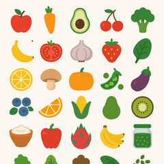 Healthy Food Flat Icons – Fruits and Superfoods Vector Set 