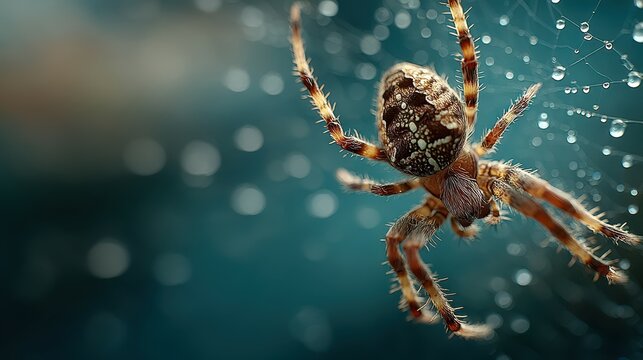 Brown spider weaving intricate web with dew drops glistening in soft light during early morning - Powered by Adobe