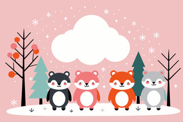 Cute Winter Animals Illustration-Snowy Landscape with Bears and Trees-Pastel Colors for Kids-Festive Season Art-Whimsical Holiday Design