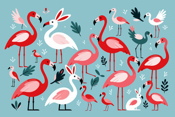 Obraz premium Flamingo Paradise-Whimsical Bird Art on Aqua Background-Cute Animal Illustration-Tropical Wildlife Design-Modern Art Print-Perfect Wall Decor-Flamingo Lover Gift