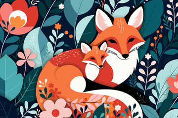 Fototapeta premium Fox Family Love in Floral Forest - Adorable Mother and Baby Fox Illustration - Nature Inspired Art - Perfect for Nursery Decor and Animal Lovers