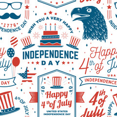 Set of Vintage 4th of july seamless pattern or background. Seamless scene fourth of July, Independence day wallpaper or wrapper. Patriotic banner for website template. Vector illustration.
