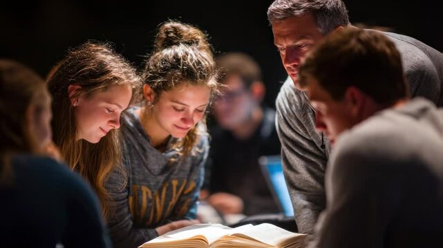 Teenage students and their teacher gather around a book, engaging in a discussion, fostering a sense of community and shared learning in the classroom