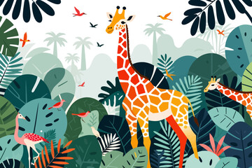 Giraffe and Flamingo Jungle Illustration-Tropical Leaves and Birds Art Print-Wildlife Themed Nursery Decor-Safari Animal Graphic Design-Cartoon Giraffes Scene