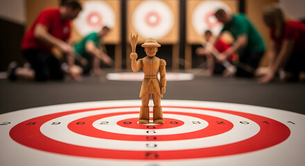 Wooden figure stands on a target with people playing in the background indoors isolated on white background, tarensparent background, png, jpg,jpeg,  on transparent background