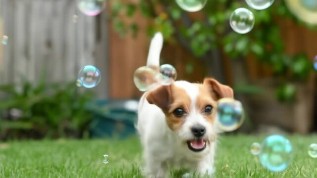 A small dog runs happily on green grass, playing with floating soap bubbles outdoors, symbolizing joy and pet fun footage.