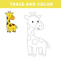Trace and color for children. Handwriting practice. Coloring page for kids. Preschool worksheet with cute giraffe illustration.