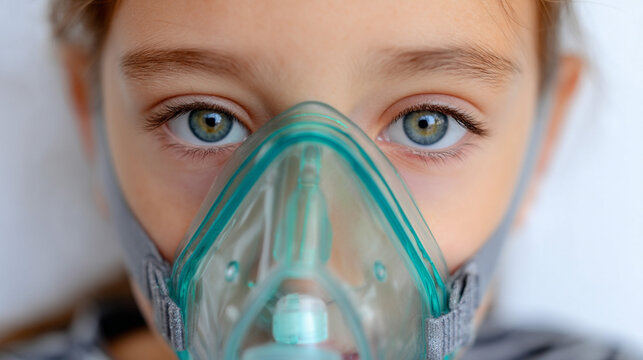 A girl wearing oxygen mask. Respiratory distress, low blood oxygen levels/asthma, COPD, pneumonia, and sleep apnea concept. Science and practice of diagnosing, treating, and preventing disease.  - Powered by Adobe