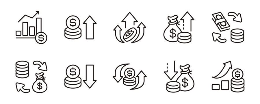 financial money income icon line set dollar arrow cash flow business economy growth signs vector illustration finance chart sales symbol outline design