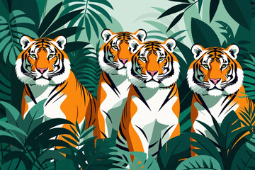 Fototapeta premium Majestic Tigers in Lush Jungle Illustration-Vibrant Orange & Black Stripes-Beautiful Wildlife Art-Explore Nature & Animal Themes-Green Foliage Background