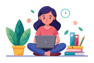 Girl Studying on Laptop Vector Illustration, Cute Student Learning Digital Education Artwork