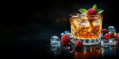 Refreshing cocktail garnished with raspberries and mint displayed on a dark surface with ice cubes