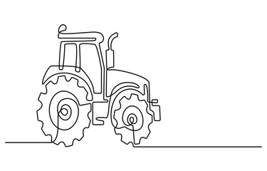 Tractor, one line continuous. Line art outline vector illustration of farm transport, Continuous line art or One Line drawing of tractor for vector illustration, business transportation.