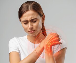 Woman wincing, grasping painful wrist, medical x ray revealing skeletal strain and potential joint damage