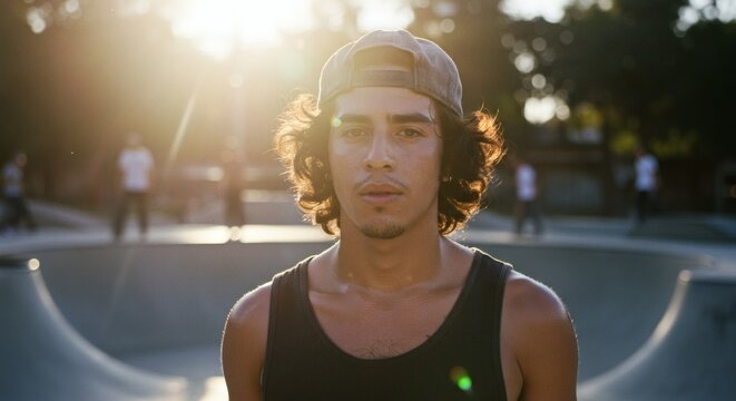 A young man poses at a skate park with a serious expression, bathed in the sun. - Powered by Adobe