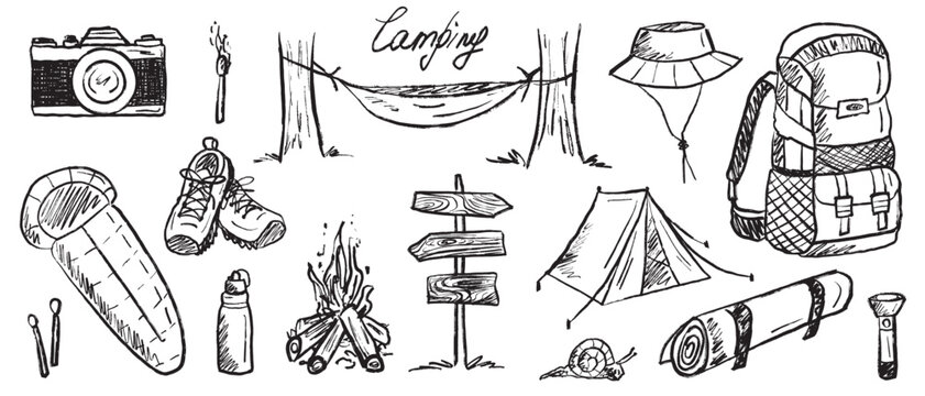 Camping equipment in black brush stroke texture isolated on white. Hand drawn vector sketch illustration in vintage charcoal ink. Tourist kit - sleeping bag, tent, hammock, backpack, bonfire