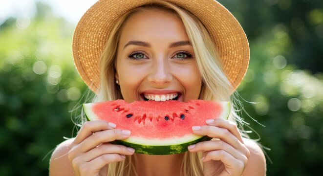 Happy woman biting into a juicy slice of watermelon outdoors on a sunny day.
