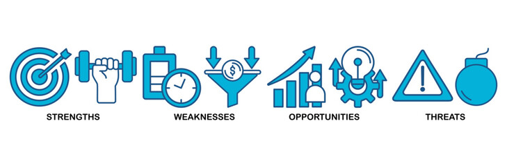 SWOT icon set vector illustration concept for strengths, weaknesses, threats and opportunities analysis with an icon of value, goal, break chain, low battery, growth, check, and crisis