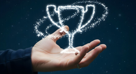 A hand holding a glowing trophy made of stars against a dark blue background isolated on white background, tarensparent background, png, jpg,jpeg,  on transparent background