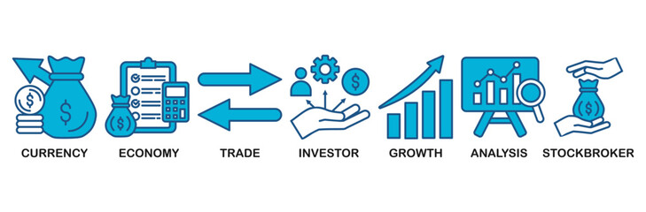 Forex icon set vector illustration concept with icon of currency, economy, trade, investor, growth, analysis and stockbroker