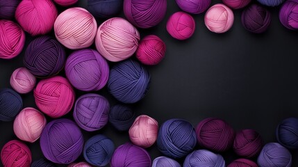 Pink and purple wool yarn balls are arranged on a dark surface, creating a frame with empty space in the center