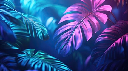 Green and blue neon light with tropical leaves, ideal for modern, futuristic designs with an aesthetic tropical vibe. Perfect for web or event backgrounds.