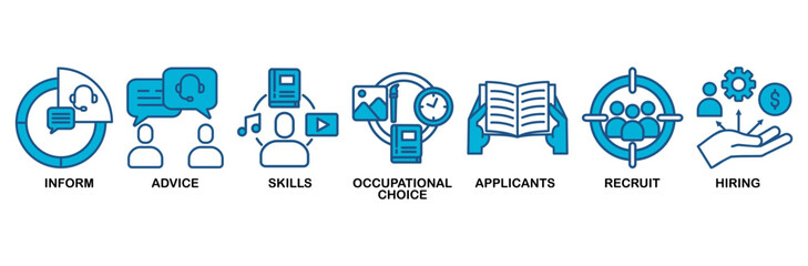 Job fair icon set vector illustration concept for employee recruitment and onboarding program with an icon of the information, advice, skills, occupational, applicants, recruit, and hiring